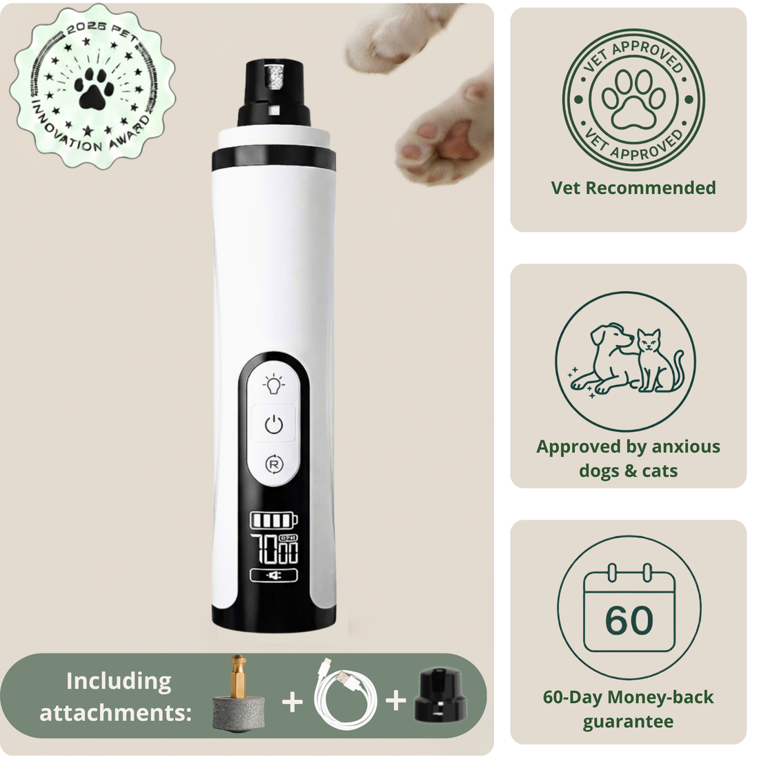 Quiet Groom Max nail grinder with LED guidance and pet-safe trimming features