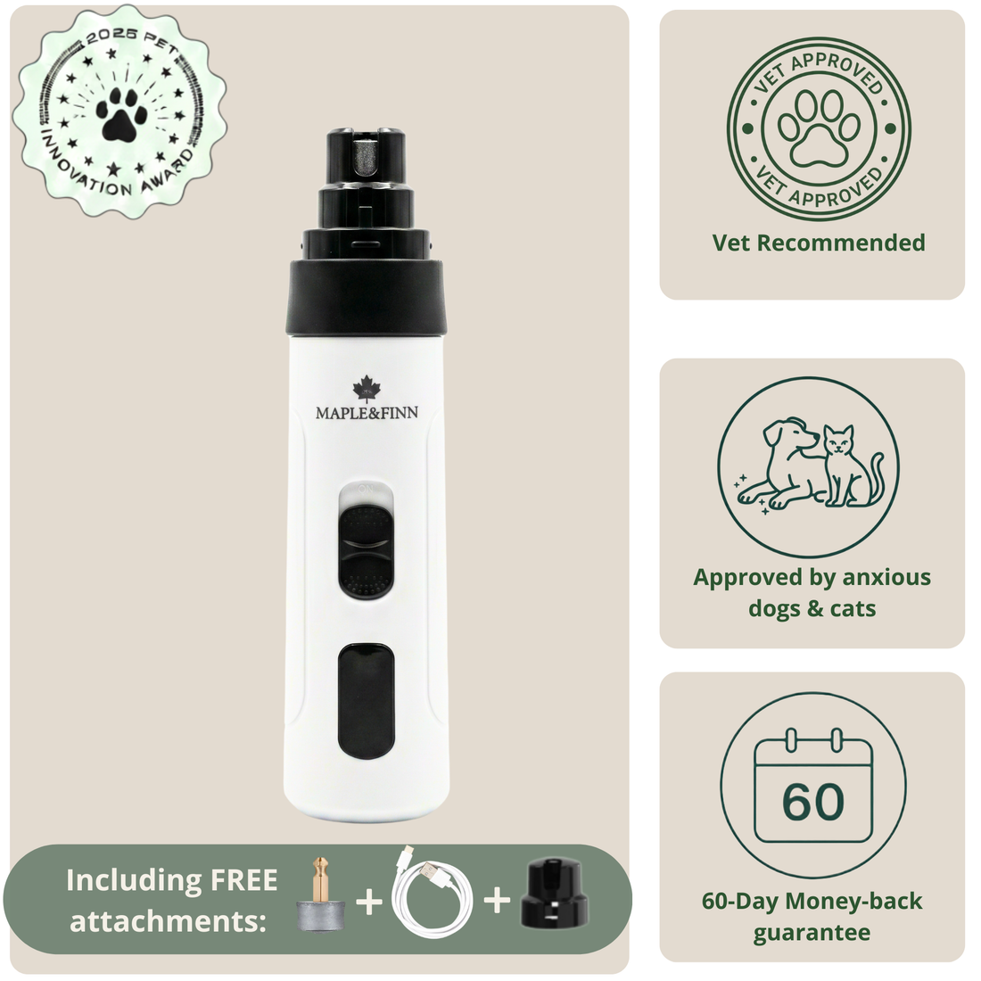 Quiet Groom Pro nail grinder used during a calm pet nail trim
