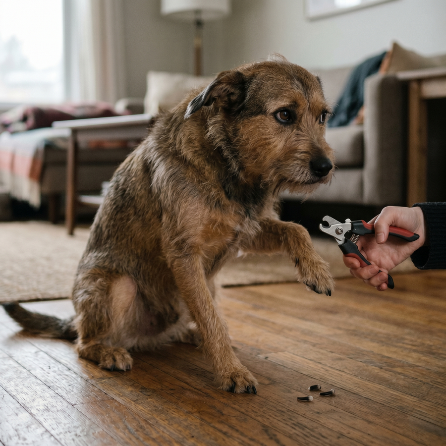 An anxious dog resisting a nail trim